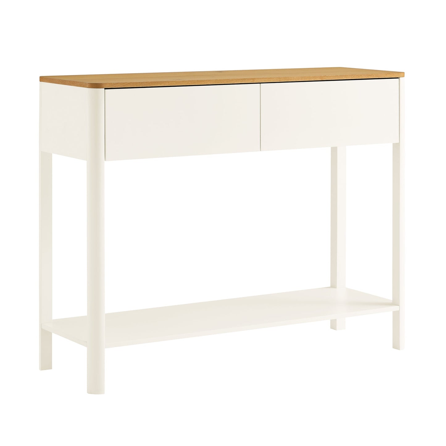 Console Agnes à 2 tiroirs et bords incurvés, blanc cassé avec plateau en chêne
