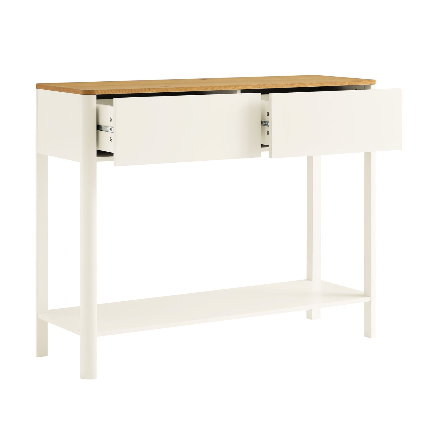 Console Agnes à 2 tiroirs et bords incurvés, blanc cassé avec plateau en chêne