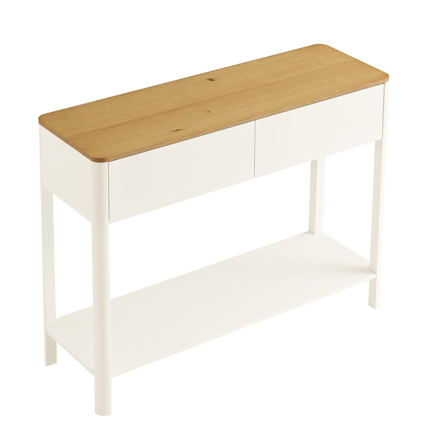Console Agnes à 2 tiroirs et bords incurvés, blanc cassé avec plateau en chêne