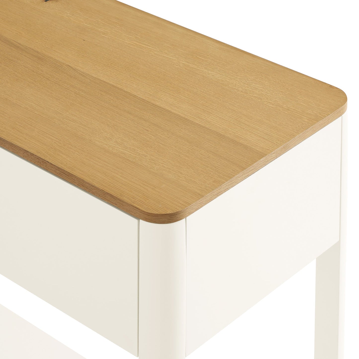 Console Agnes à 2 tiroirs et bords incurvés, blanc cassé avec plateau en chêne