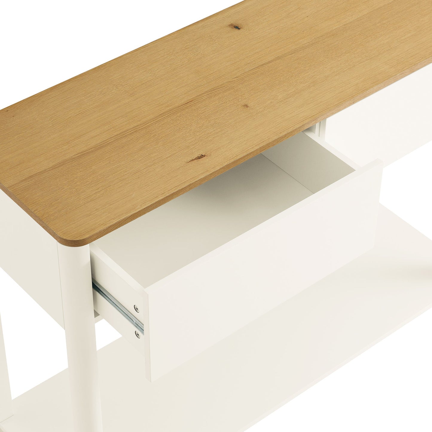 Console Agnes à 2 tiroirs et bords incurvés, blanc cassé avec plateau en chêne