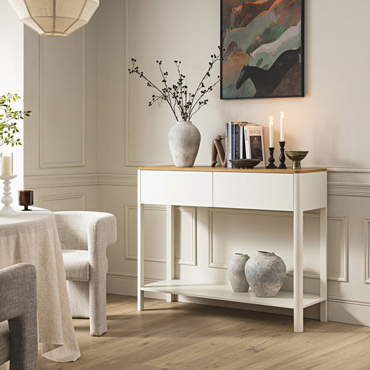 Console Agnes à 2 tiroirs et bords incurvés, blanc cassé avec plateau en chêne