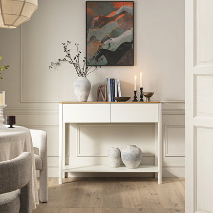 Console Agnes à 2 tiroirs et bords incurvés, blanc cassé avec plateau en chêne