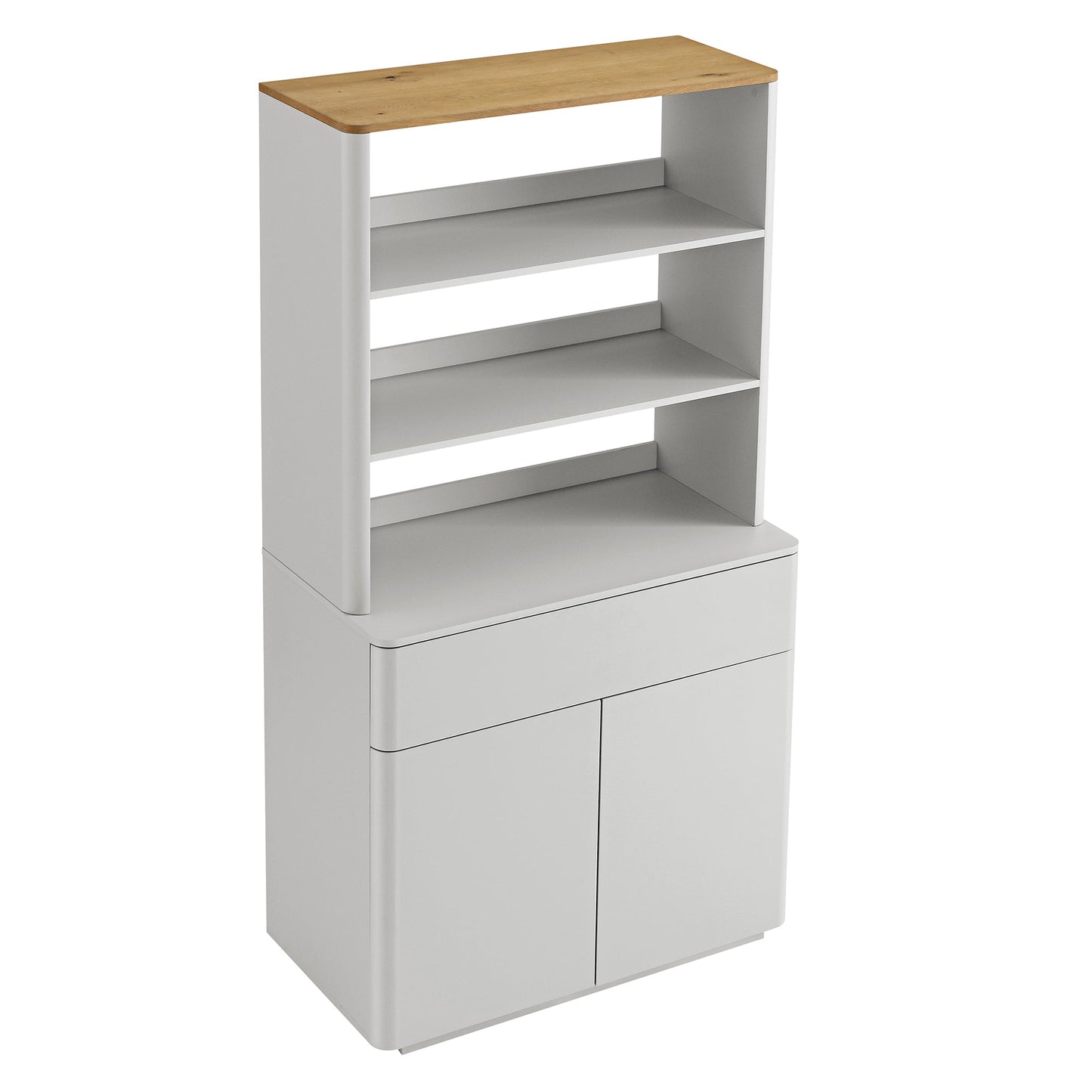 Commode à bords incurvés Agnes, gris tourterelle avec plateau en chêne