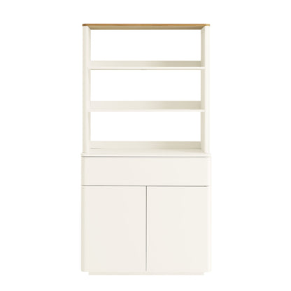 Commode à bords incurvés Agnes, blanc cassé avec plateau en chêne