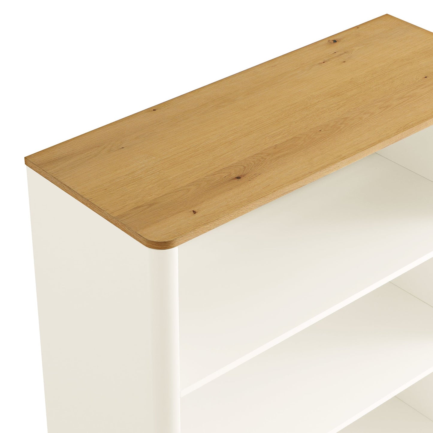 Commode à bords incurvés Agnes, blanc cassé avec plateau en chêne