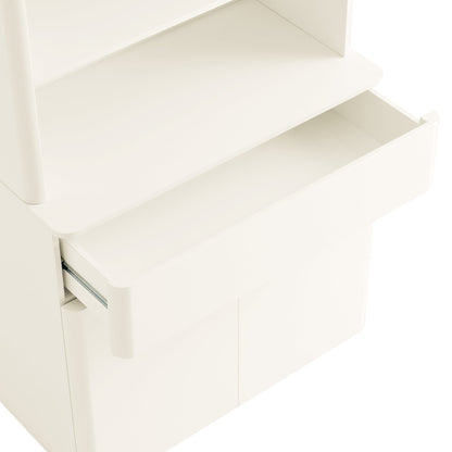 Commode à bords incurvés Agnes, blanc cassé avec plateau en chêne