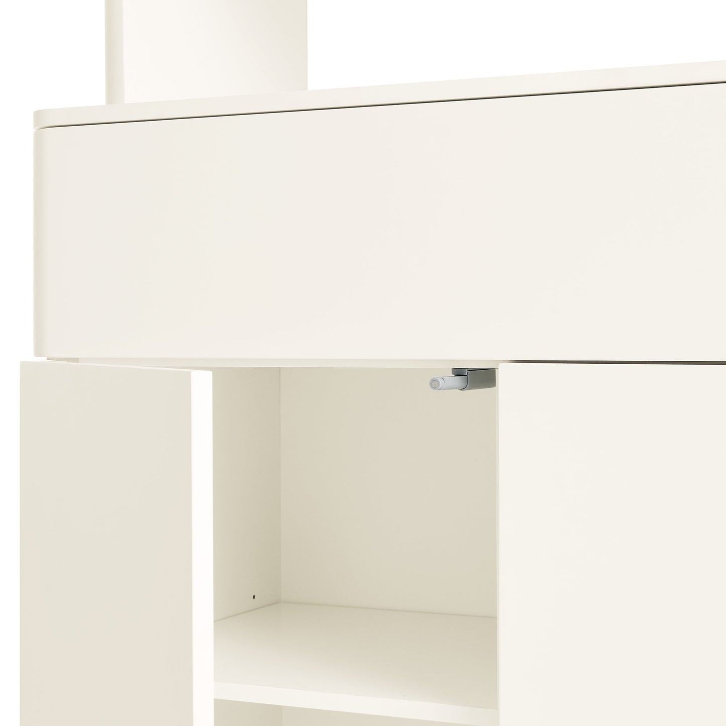 Commode à bords incurvés Agnes, blanc cassé avec plateau en chêne