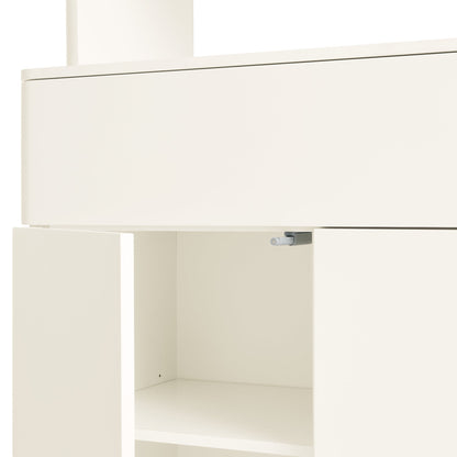 Commode à bords incurvés Agnes, blanc cassé avec plateau en chêne