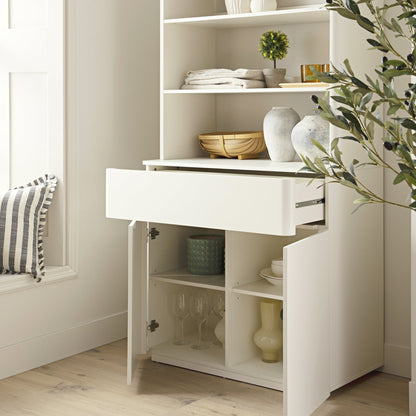 Commode à bords incurvés Agnes, blanc cassé avec plateau en chêne