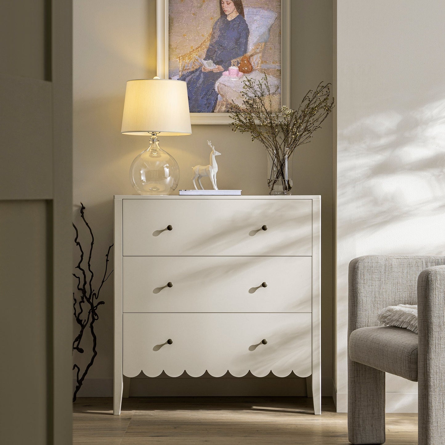 Commode 3 tiroirs Henley à bords festonnés, sable clair