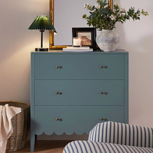 Commode 3 tiroirs Henley à bords festonnés, épicéa bleu