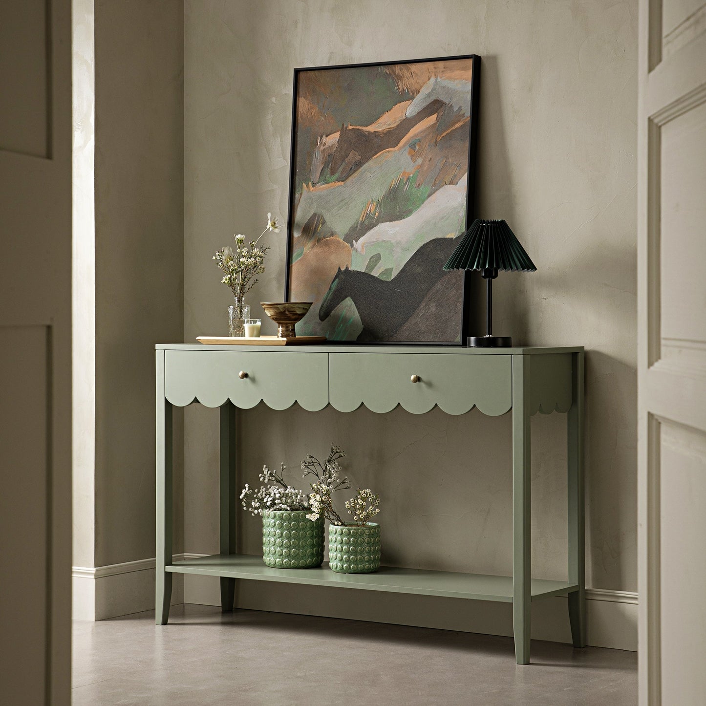 Console Henley à bords festonnés, vert sauge