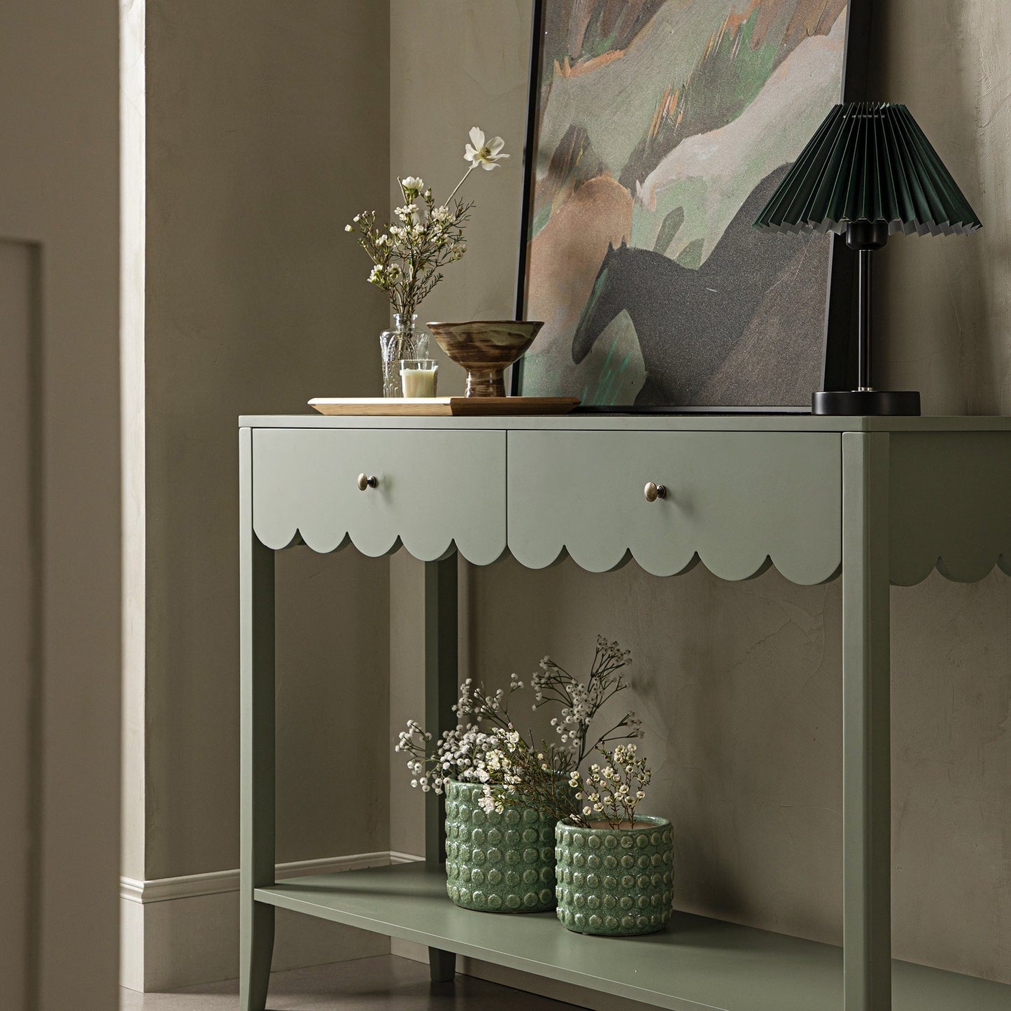 Console Henley à bords festonnés, vert sauge