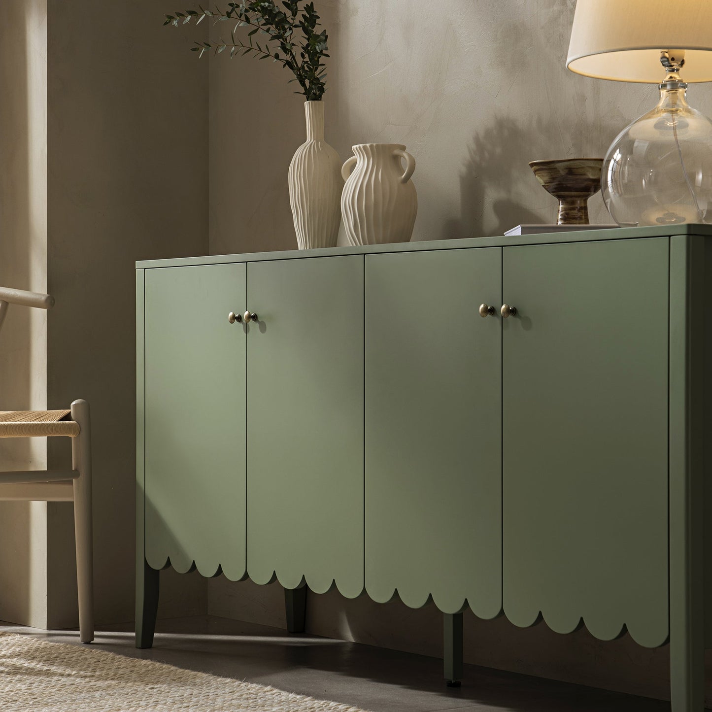 Buffet Henley à bords festonnés, 140 cm de large, vert sauge