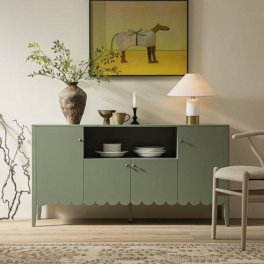 Buffet Henley à bords festonnés de 140 cm de large avec étagère ouverte, vert sauge