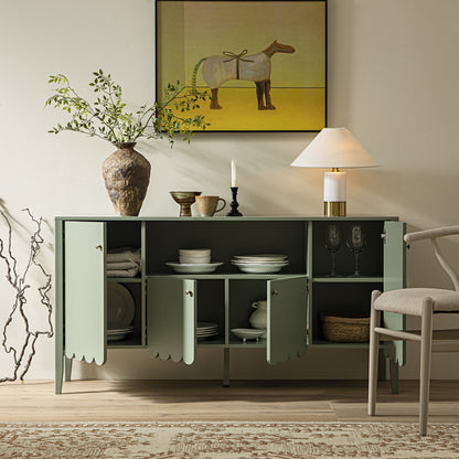 Buffet Henley à bords festonnés de 140 cm de large avec étagère ouverte, vert sauge