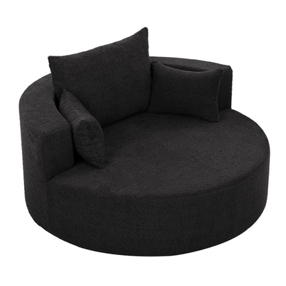 Fauteuil lounge rond en chenille, avec accoudoirs et base pivotante à 360° et 3 coussins amovibles