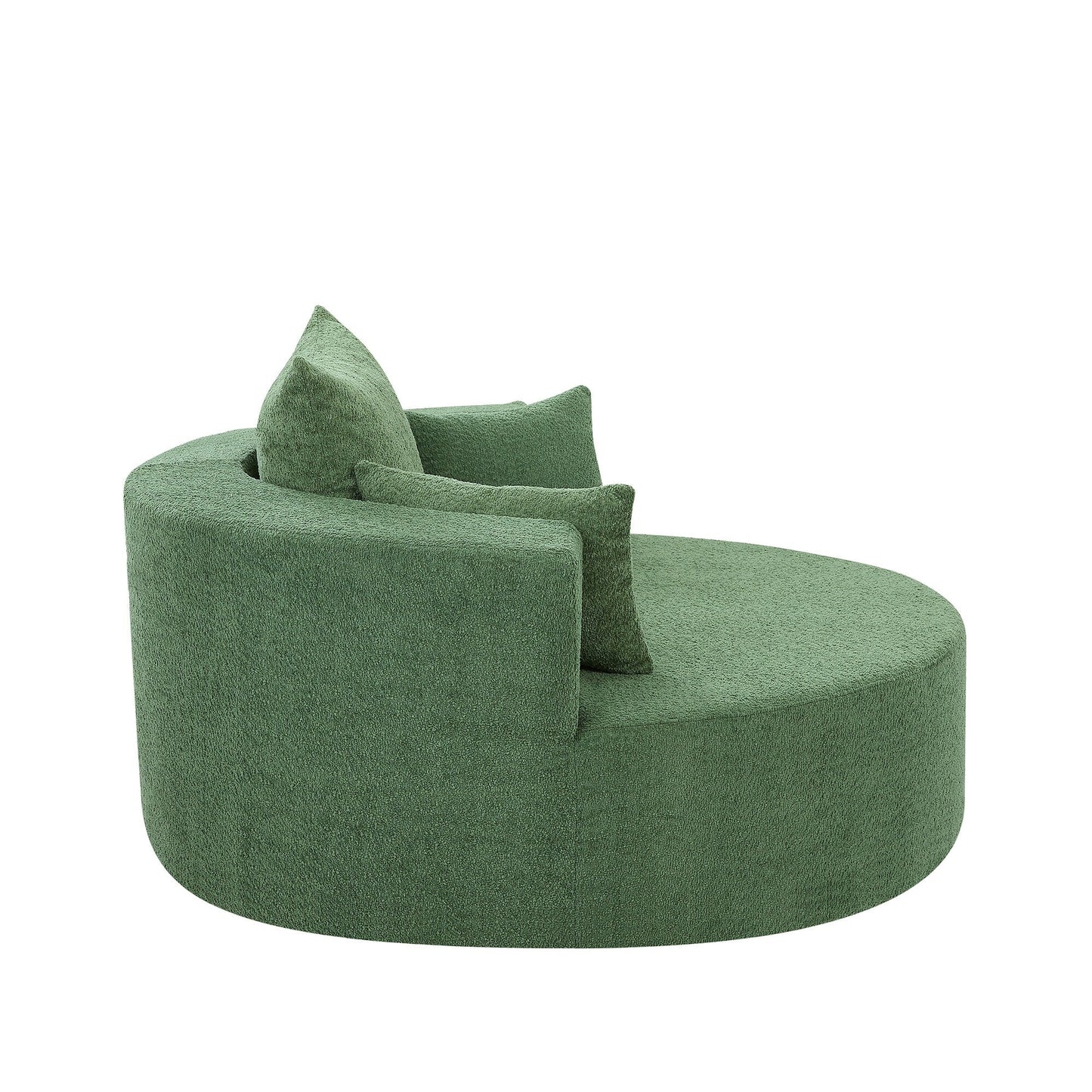 Fauteuil lounge rond en chenille, avec accoudoirs et base pivotante à 360° et 3 coussins amovibles