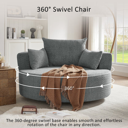 Fauteuil lounge rond en chenille, avec accoudoirs et base pivotante à 360° et 3 coussins amovibles