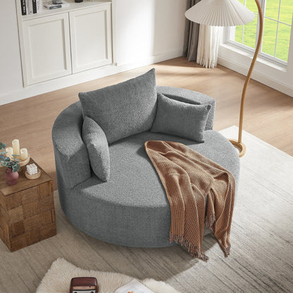 Fauteuil lounge rond en chenille, avec accoudoirs et base pivotante à 360° et 3 coussins amovibles