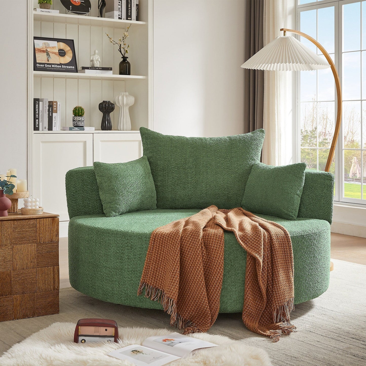 Fauteuil lounge rond en chenille, avec accoudoirs et base pivotante à 360° et 3 coussins amovibles