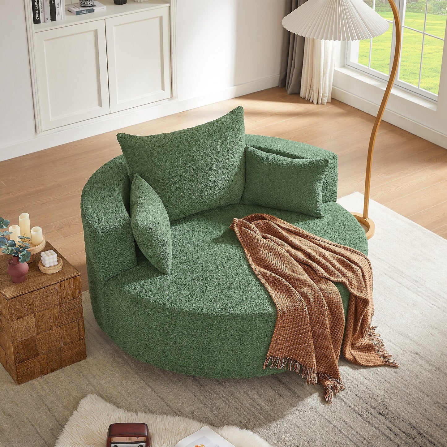 Fauteuil lounge rond en chenille, avec accoudoirs et base pivotante à 360° et 3 coussins amovibles