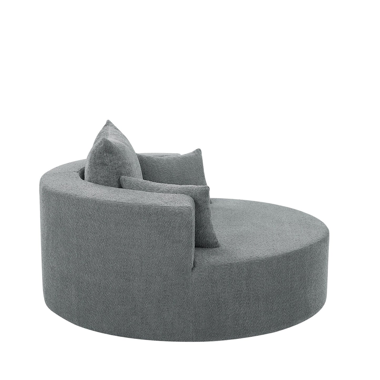 Fauteuil lounge rond en chenille, avec accoudoirs et base pivotante à 360° et 3 coussins amovibles