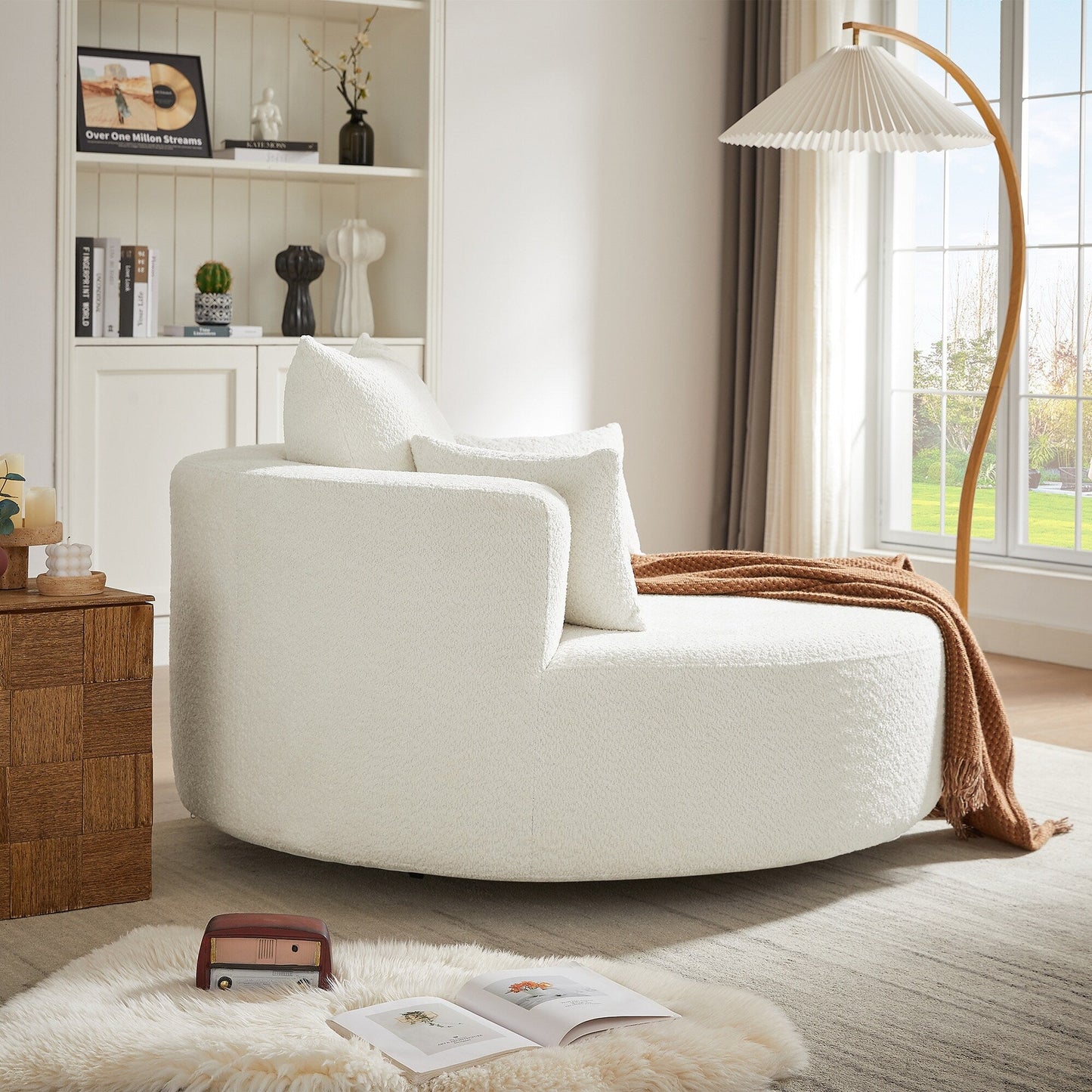 Fauteuil lounge rond en chenille, avec accoudoirs et base pivotante à 360° et 3 coussins amovibles