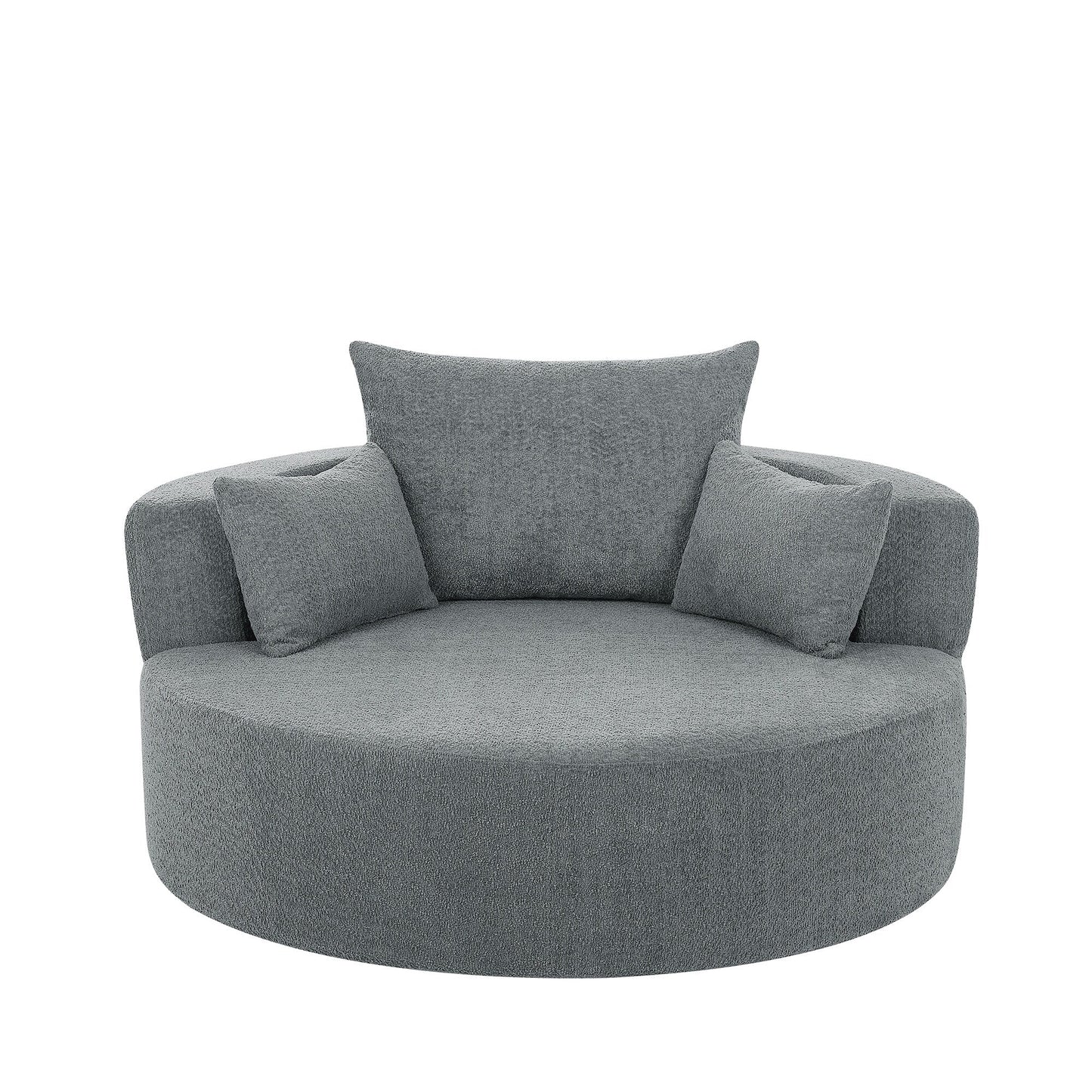 Fauteuil lounge rond en chenille, avec accoudoirs et base pivotante à 360° et 3 coussins amovibles
