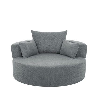 Fauteuil lounge rond en chenille, avec accoudoirs et base pivotante à 360° et 3 coussins amovibles