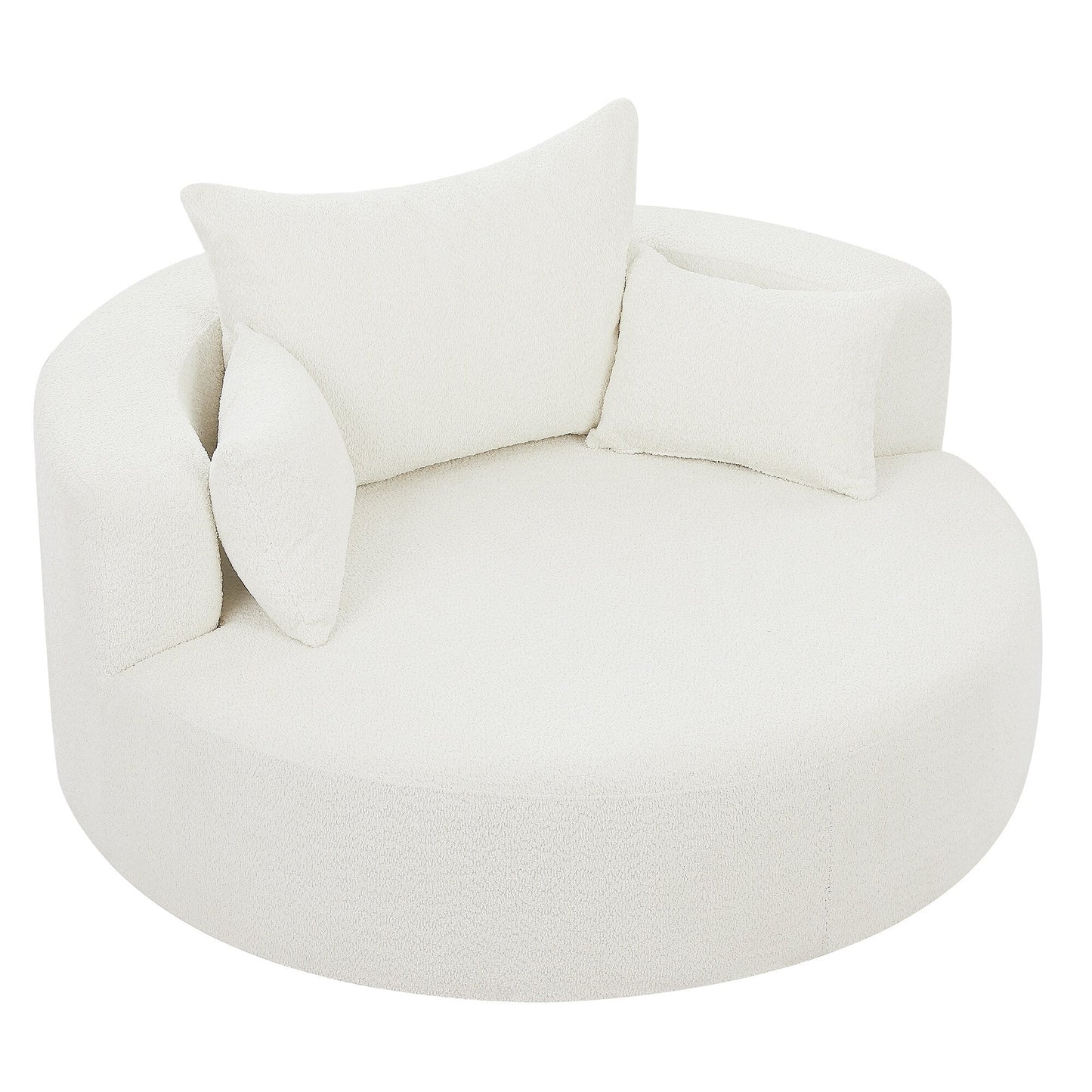 Fauteuil lounge rond en chenille, avec accoudoirs et base pivotante à 360° et 3 coussins amovibles