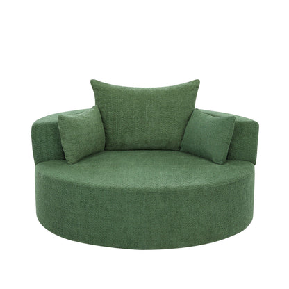 Fauteuil lounge rond en chenille, avec accoudoirs et base pivotante à 360° et 3 coussins amovibles