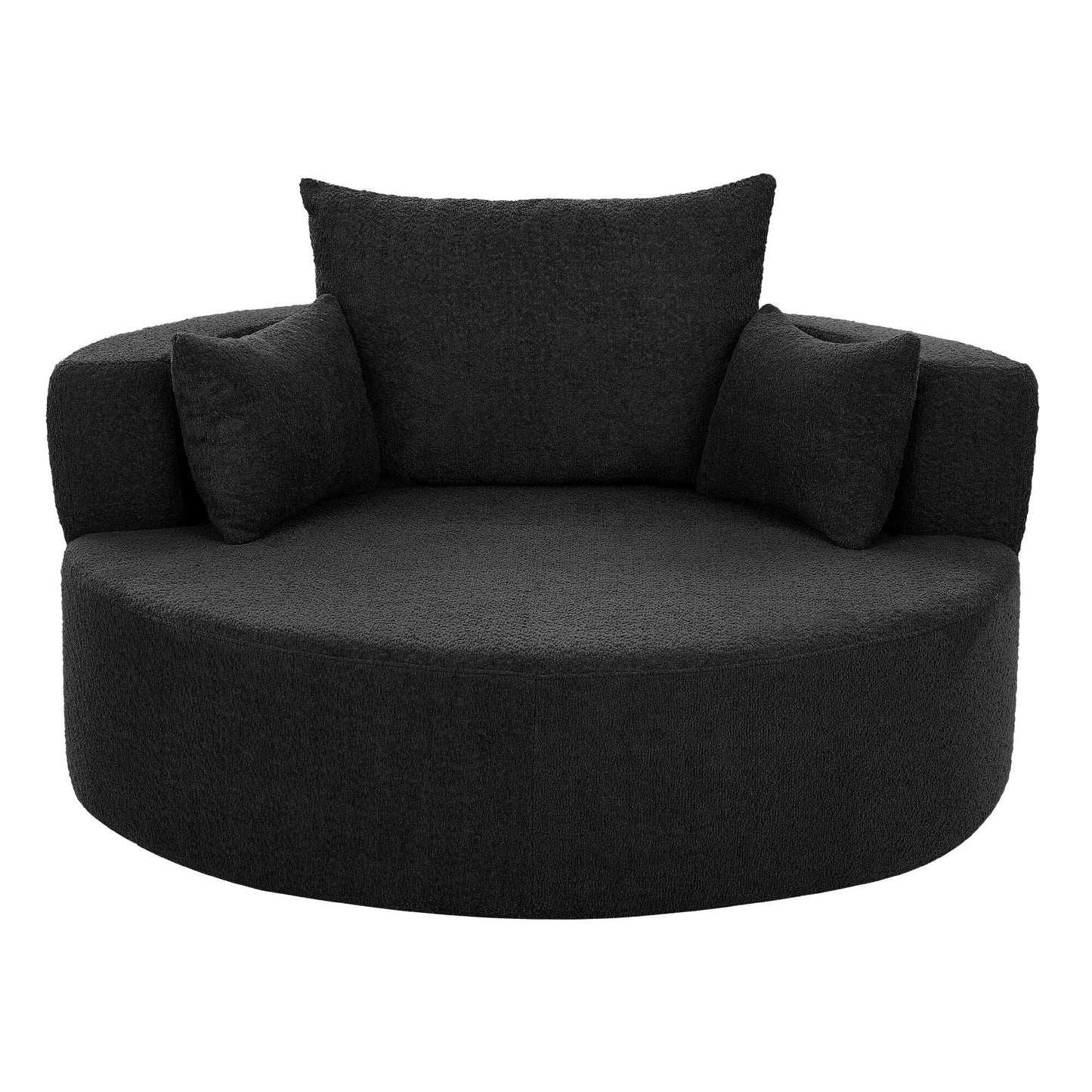 Fauteuil lounge rond en chenille, avec accoudoirs et base pivotante à 360° et 3 coussins amovibles