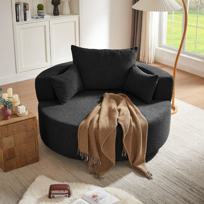 Fauteuil lounge rond en chenille, avec accoudoirs et base pivotante à 360° et 3 coussins amovibles