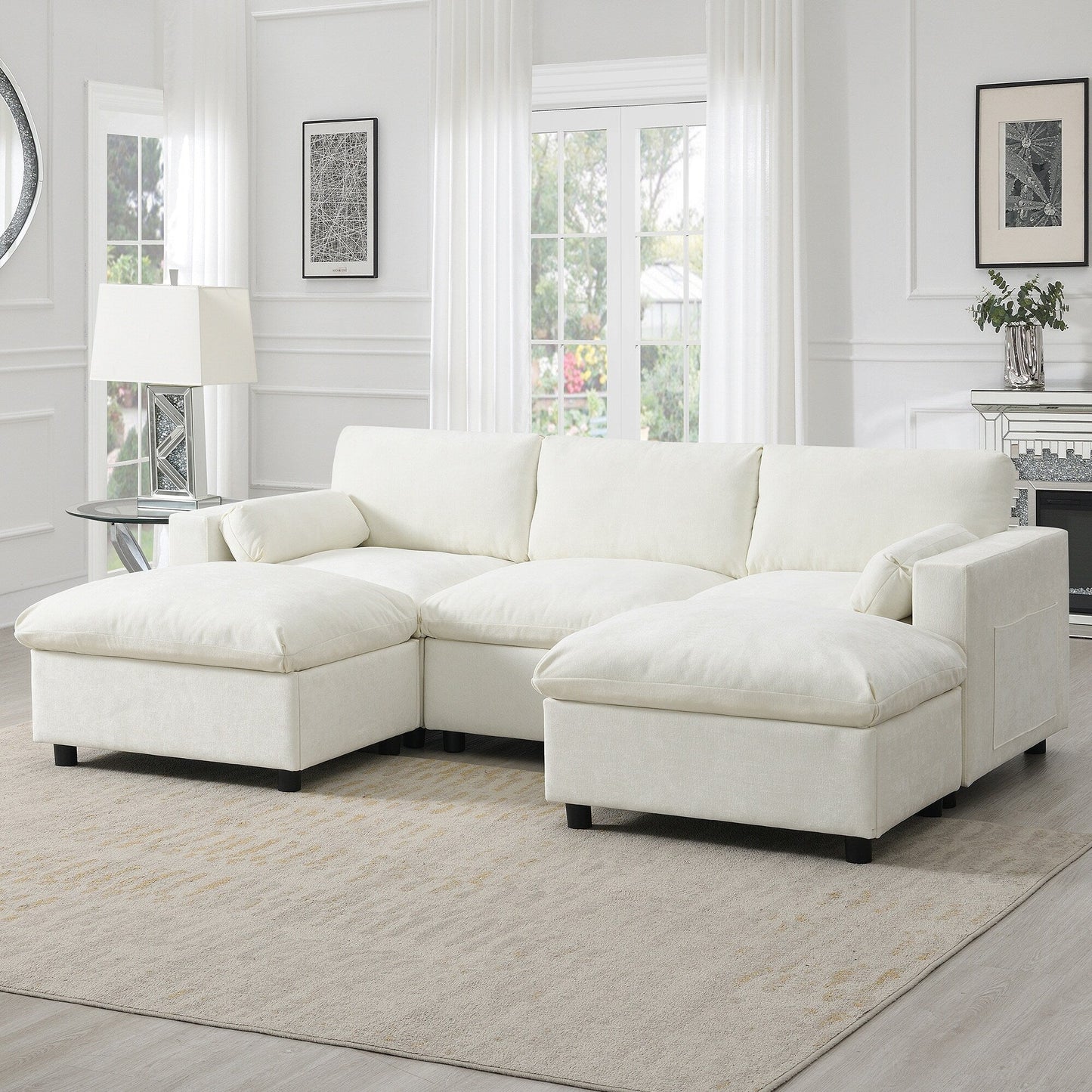 Canapé modulaire sectionnel en chenille avec poches de rangement, ensemble de canapé en U 5 places avec coussins, canapé Cloud avec 2 poufs amovibles