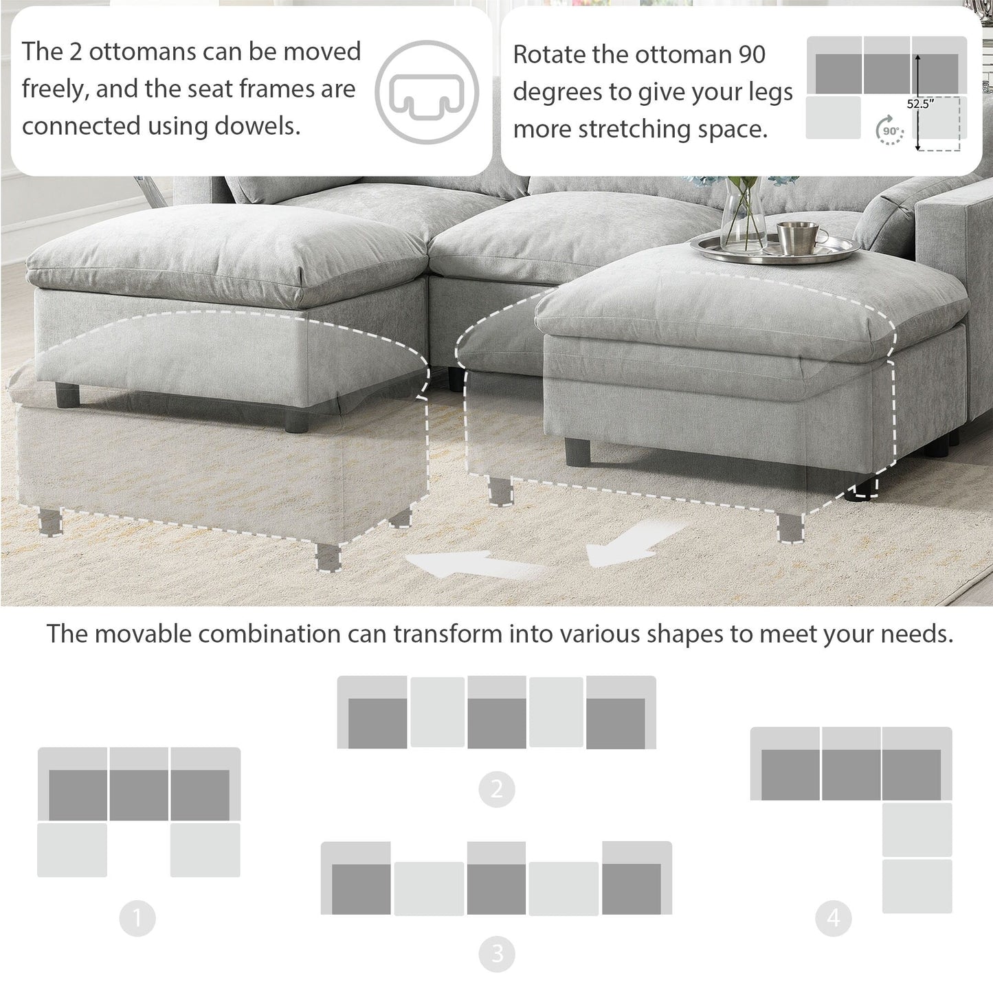 Canapé modulaire sectionnel en chenille avec poches de rangement, ensemble de canapé en U 5 places avec coussins, canapé Cloud avec 2 poufs amovibles