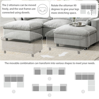 Canapé modulaire sectionnel en chenille avec poches de rangement, ensemble de canapé en U 5 places avec coussins, canapé Cloud avec 2 poufs amovibles