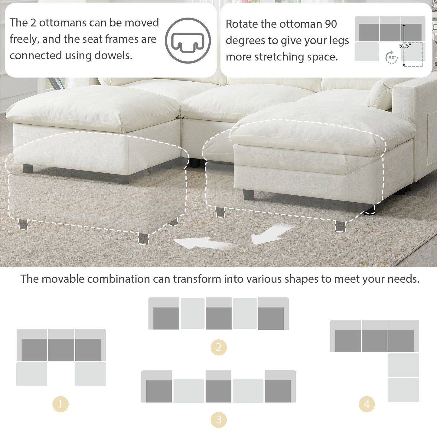 Canapé modulaire sectionnel en chenille avec poches de rangement, ensemble de canapé en U 5 places avec coussins, canapé Cloud avec 2 poufs amovibles