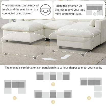 Canapé modulaire sectionnel en chenille avec poches de rangement, ensemble de canapé en U 5 places avec coussins, canapé Cloud avec 2 poufs amovibles