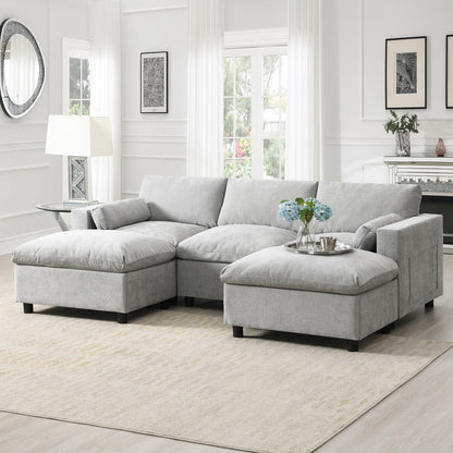 Canapé modulaire sectionnel en chenille avec poches de rangement, ensemble de canapé en U 5 places avec coussins, canapé Cloud avec 2 poufs amovibles