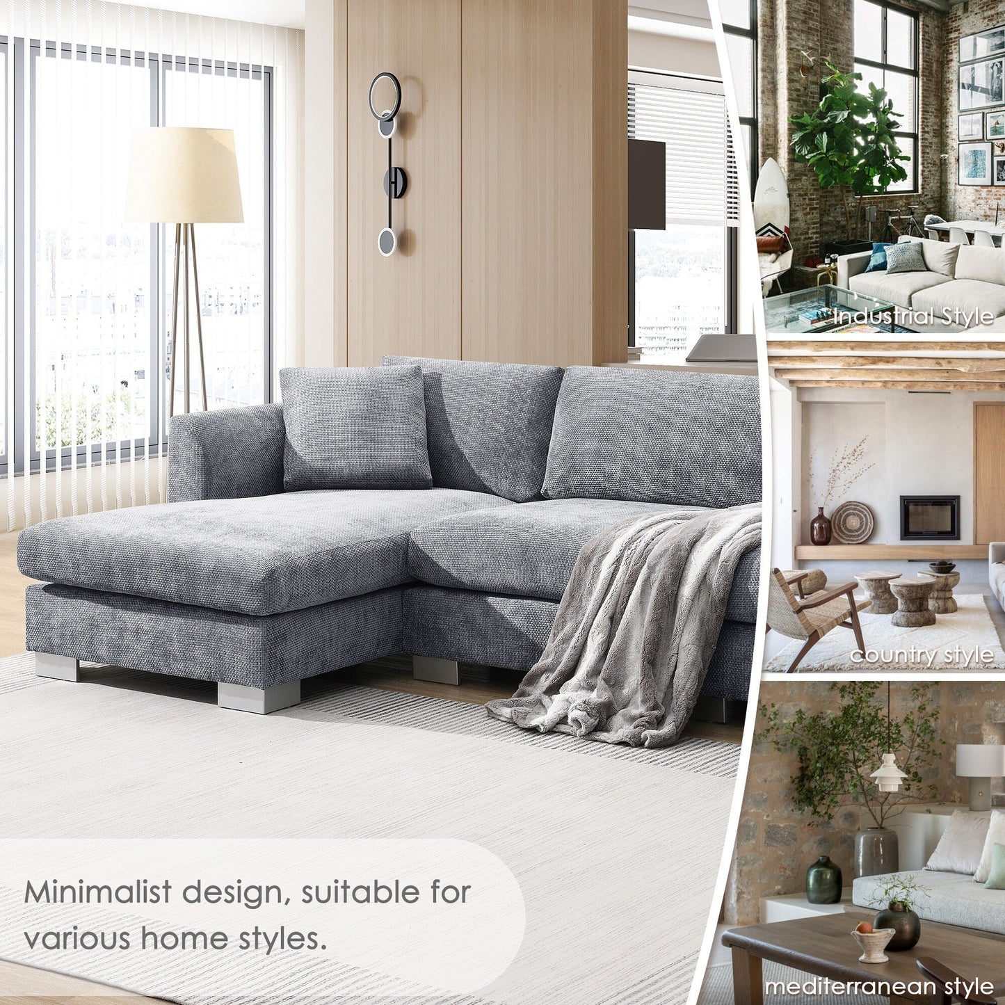 Canapé d'angle Cloud, ensemble de canapé de luxe en forme de L avec 2 coussins offerts, mobilier d'intérieur 4 places en chenille avec méridienne surdimensionnée