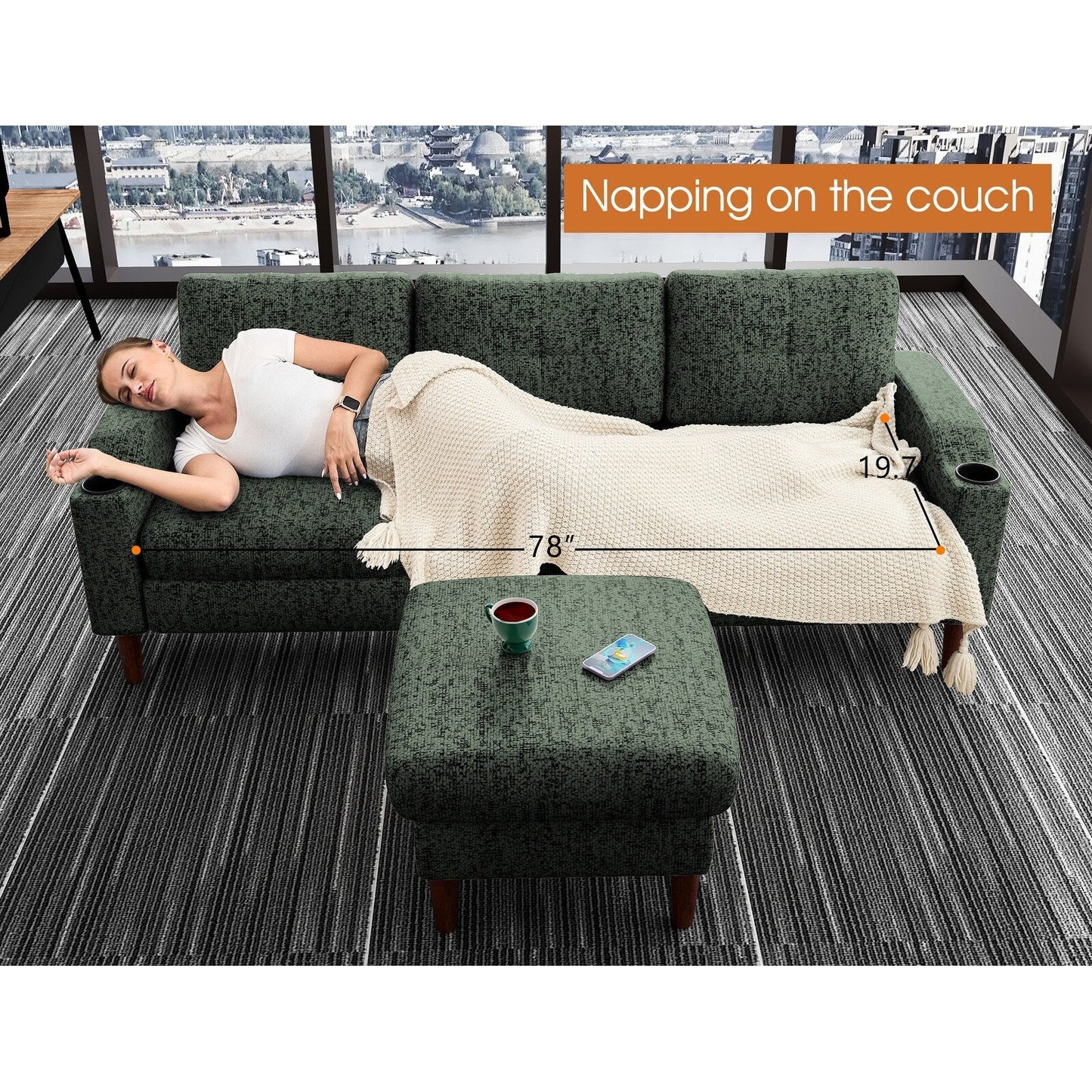 Canapé convertible en L avec repose-pieds et rangement, canapé 3 places