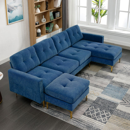 Canapé sectionnel convertible en velours en forme de L avec pouf amovible et pieds en métal doré pour le salon