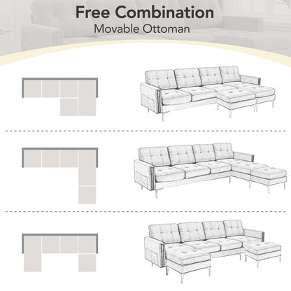 Canapé sectionnel convertible en velours en forme de L avec pouf amovible et pieds en métal doré pour le salon
