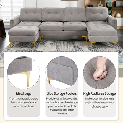 Canapé sectionnel convertible en velours en forme de L avec pouf amovible et pieds en métal doré pour le salon