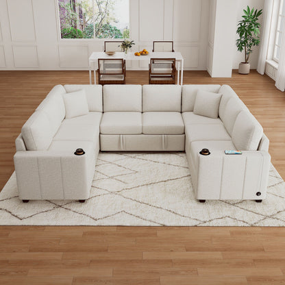 Canapé convertible en U avec lit gigogne, ports USB et porte-gobelets pour le salon