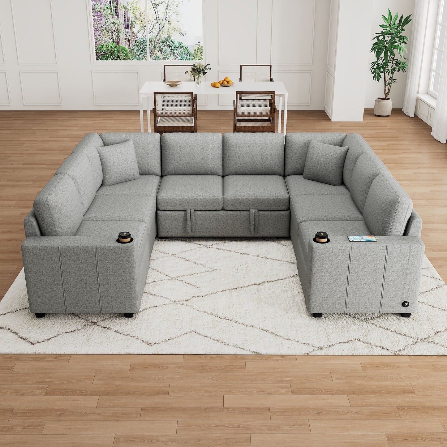 Canapé convertible en U avec lit gigogne, ports USB et porte-gobelets pour le salon