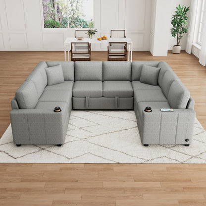 Canapé convertible en U avec lit gigogne, ports USB et porte-gobelets pour le salon