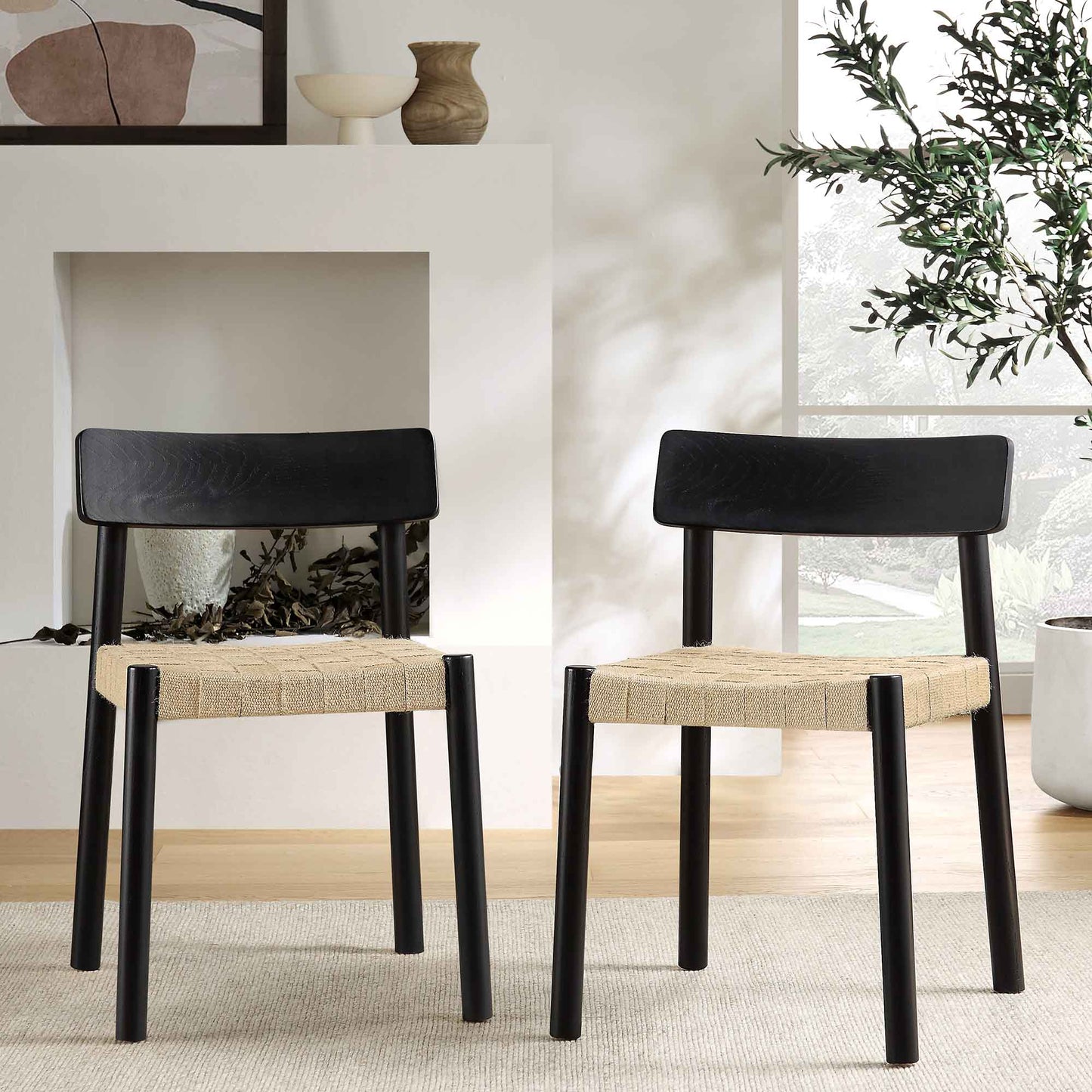 Ensemble de 2 chaises de salle à manger Ditton en bois d'orme et jute, noir